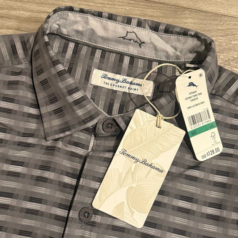 NWT Tommy Bahama Coconut Point Gray IslandZone Short Sleeve Pocket Shirt L $128